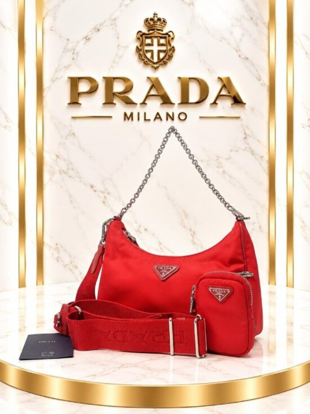 Authentic Prada Re-Edition Red Nylon Shoulder Bag Chain Strap Pouch Luxury